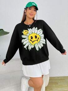 SHEIN EZwear 大碼花卉圖案&卡通臉圖案落肩袖套頭毛衣 - 黑色 - 查看 3