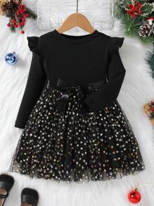 SHEIN Young Girl Ruffle Trim Contrast Star Mesh Hem Belted Dress