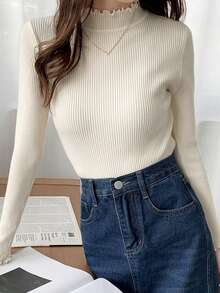 純色生菜邊小高領羅紋毛衣 - 杏色 - 查看 3