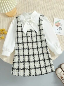 SHEIN 女小童格紋印花前繫帶假兩件洋裝 - 白色 - 查看 1