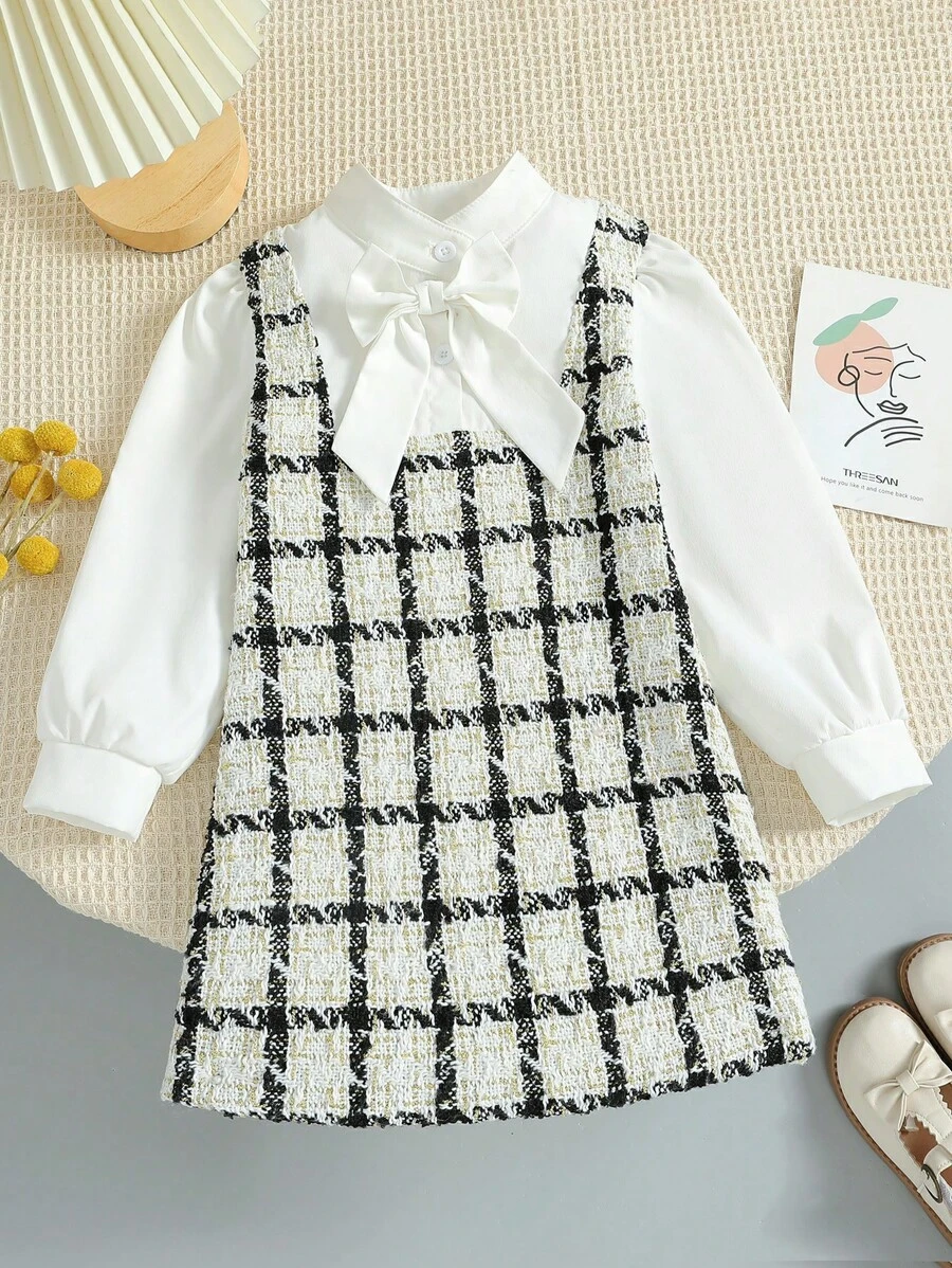 SHEIN 女小童格紋印花前繫帶假兩件洋裝 - 白色 - 查看 1
