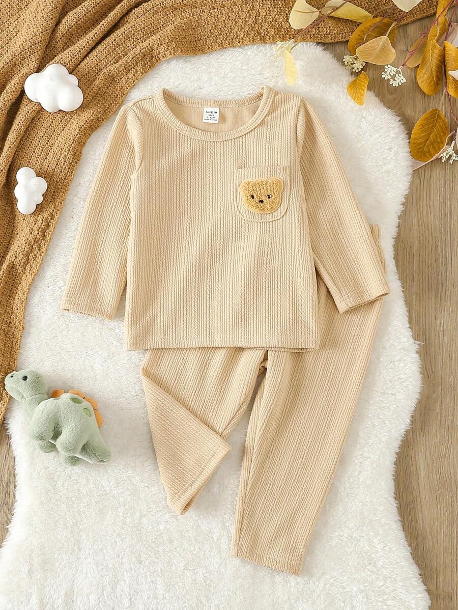 Baby Boy Bear Patched Pocket Front Tee & Pants PJ Set - Mocha Brown - View 1