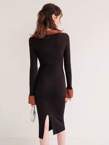 Contrast Trim Flare Sleeve Sweater Dress - Black - View 2