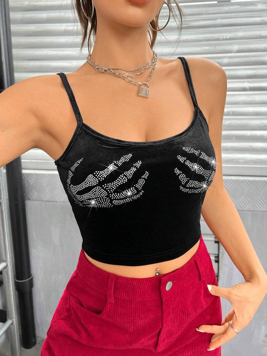 SHEIN EZwear 骷髏手掌水鑽細節吊帶短上衣 - 黑色 - 查看 1