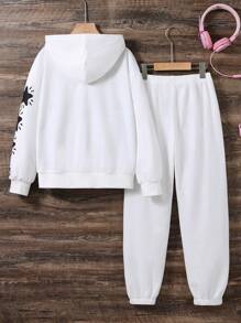 SHEIN Cô gái Tween Đồ họa Gấu Và Khẩu hiệu Áo Zip Up Hoodie & Quần nỉ - trắng - Xem 2