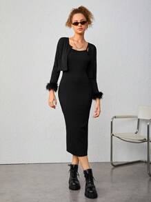 青少年女孩毛茸茸袖口夾克和吊帶洋裝 - 黑色 - 查看 1