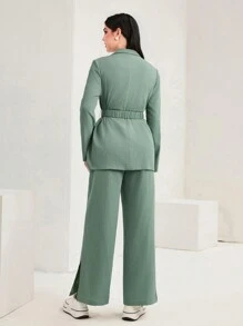 Mulvari Cổ áo Thắt lưng Áo vest & Viền chia cắt Quần - Màu xanh Bạc hà - Xem 2