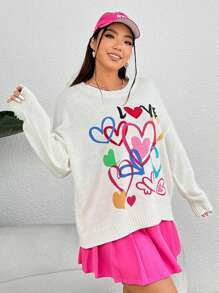 SHEIN EZwear Hơn Tim & Mẫu chữ Thả vai Áo len - trắng - Xem 3