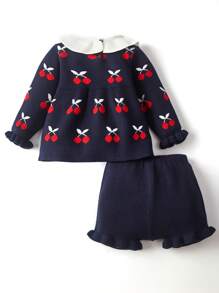 SHEIN Baby Girls Cherry Pattern Ruffle Trim Sweater & Knit Shorts - Navy Blue - View 2
