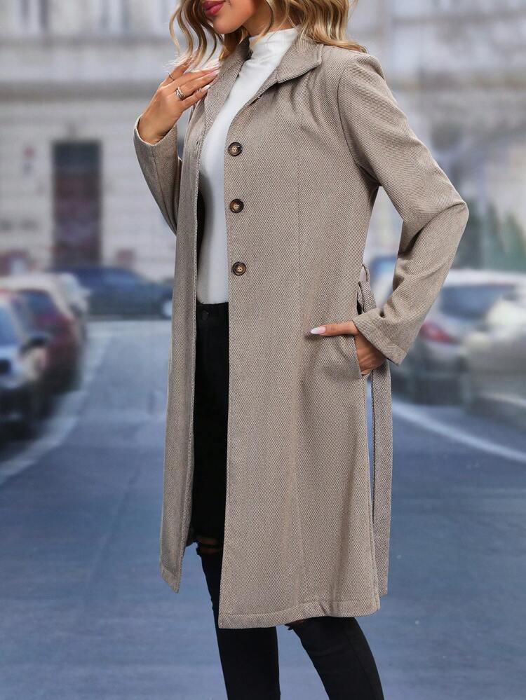 Herringbone Button Front Belted Overcoat Fall Cloth For Women
