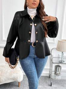 SHEIN Clasi 加號鈕扣正面荷葉邊 PU 皮夾克 - 黑色 - 查看 5