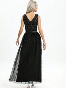 Contrast Sequin Mesh Formal Dress - Black - View 2