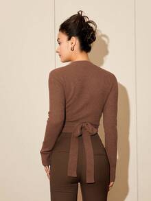 Chất rắn Crossover Áo len Crop - màu nâu - Xem 2