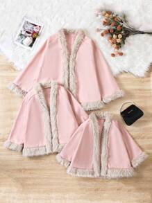 SHEIN Young Girl Fuzzy Trim Open Front Coat - Baby Pink - View 5