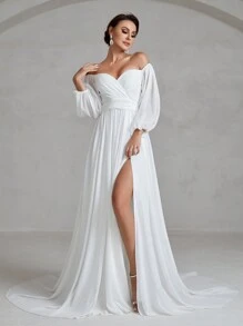 Faeriesty Wedding Dress Bridal: Romantic Off-Shoulder Sweetheart Neckline With Flowing Lantern Long Sleeves, Elegant High-Slit A-Line Gown For Bridal Weddings, Formal Galas, Church Ceremonies, Black-Tie Events & Bridal Showers | Lightweight Fabric & Timeless Silhouette,Bride - White - View 1