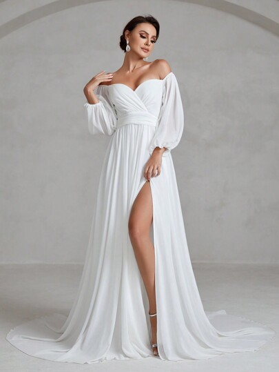 Faeriesty Wedding Dress Bridal: Romantic Off-Shoulder Sweetheart Neckline With Flowing Lantern Long Sleeves, Elegant High-Slit A-Line Gown For Bridal Weddings, Formal Galas, Church Ceremonies, Black-Tie Events & Bridal Showers | Lightweight Fabric & Timeless Silhouette,Bride