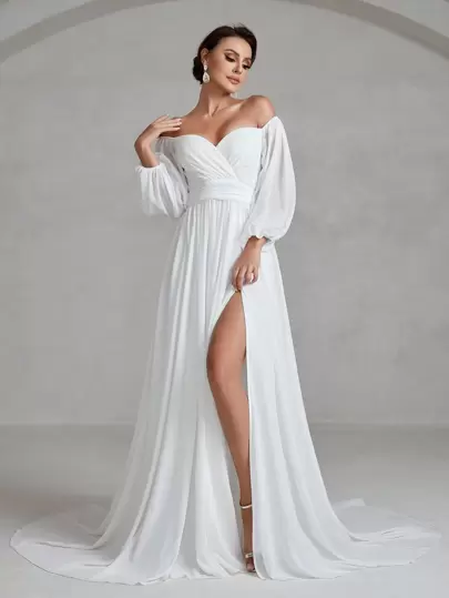 Faeriesty Brudklänning: Romantisk Off-Shoulder Hjärtformad Urringning med Böljande Lantern Långärmad, Elegant Hög Slits A-linjeformad Klänning För Bröllop, Formella Galor, Kyrkliga Ceremonier, Black Tie-Event & Möhippa | Lätt Tyg & Tidlös Silhuett, Brud