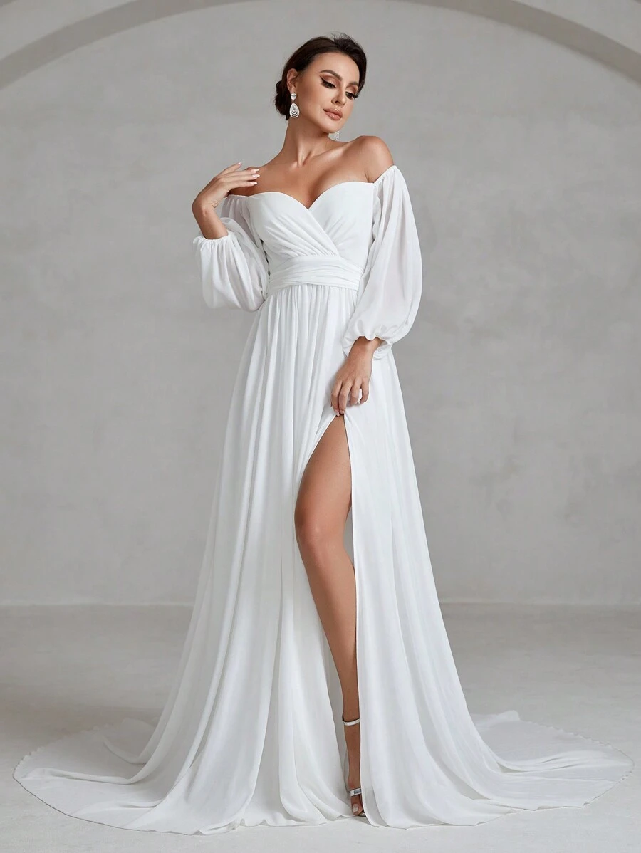 Faeriesty Wedding Dress Bridal: Romantic Off-Shoulder Sweetheart Neckline With Flowing Lantern Long Sleeves, Elegant High-Slit A-Line Gown For Bridal Weddings, Formal Galas, Church Ceremonies, Black-Tie Events & Bridal Showers | Lightweight Fabric & Timeless Silhouette,Bride - White - View 1
