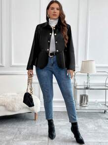 SHEIN Clasi 加號鈕扣正面荷葉邊 PU 皮夾克 - 黑色 - 查看 4