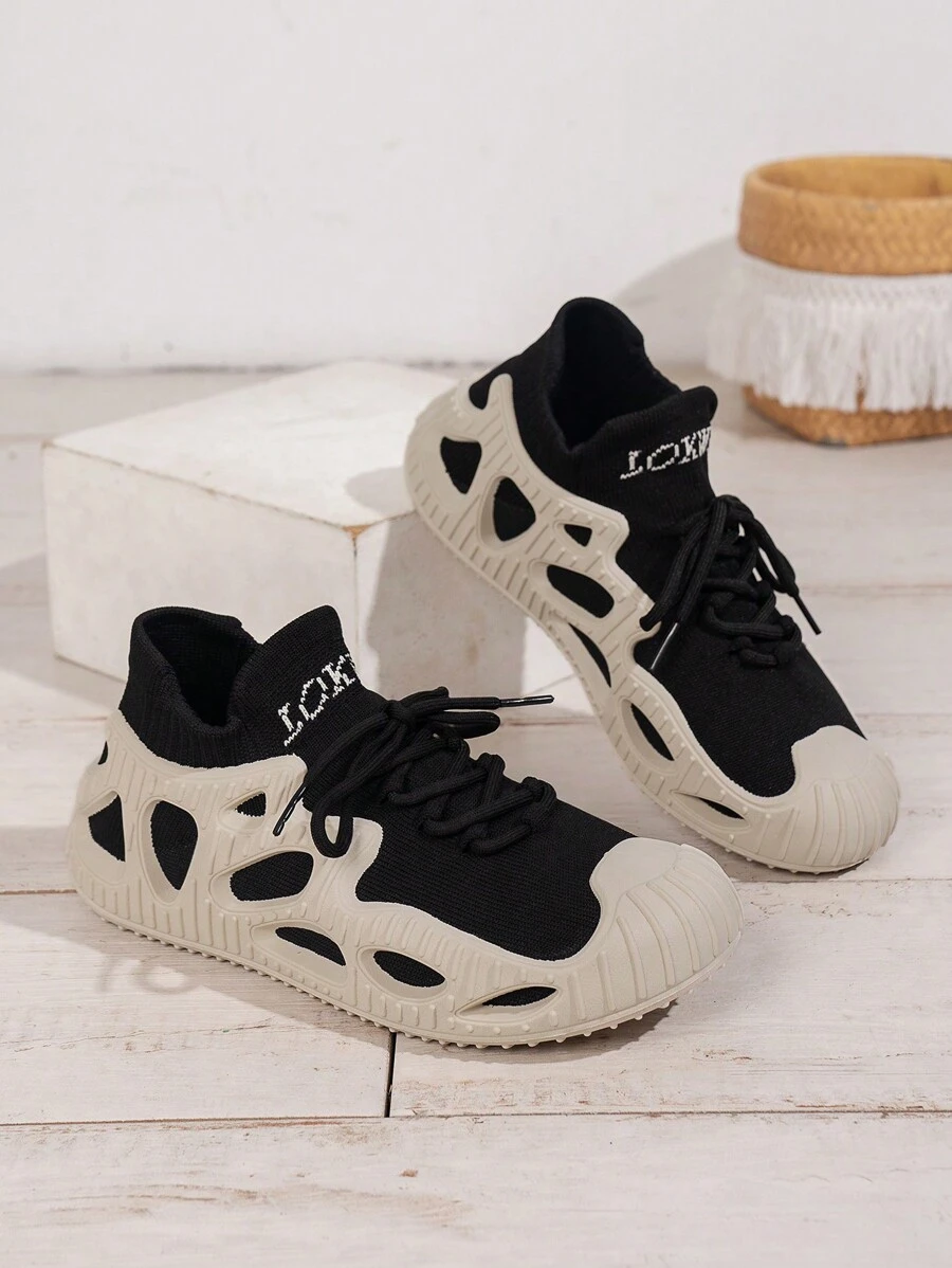 女士輕便前繫帶字母圖案運動運動戶外織物襪型運動鞋 - 黑與白 - 查看 1