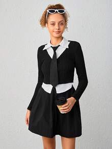 Thiếu niên cô gái Tee 2 trong1 Với Buộc & Chân Váy xếp ly - Đen và trắng - Xem 5