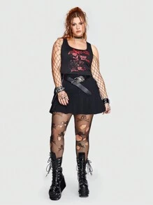 ROMWE Grunge Punk Dark Cool And Street Style Metal Mesh Plus Size Women's Tank Top With Funny Pattern - Black - View 3