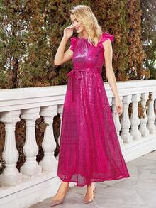 Ruffle Trim Belted Sequin Formal Dress - Hot Pink - View 4