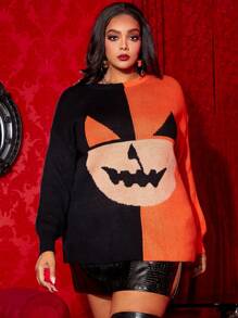 SHEIN SXY Plus Two Tone Cartoon Pattern Drop Shoulder Sweater In Fall/Winter - Multicolor - View 3