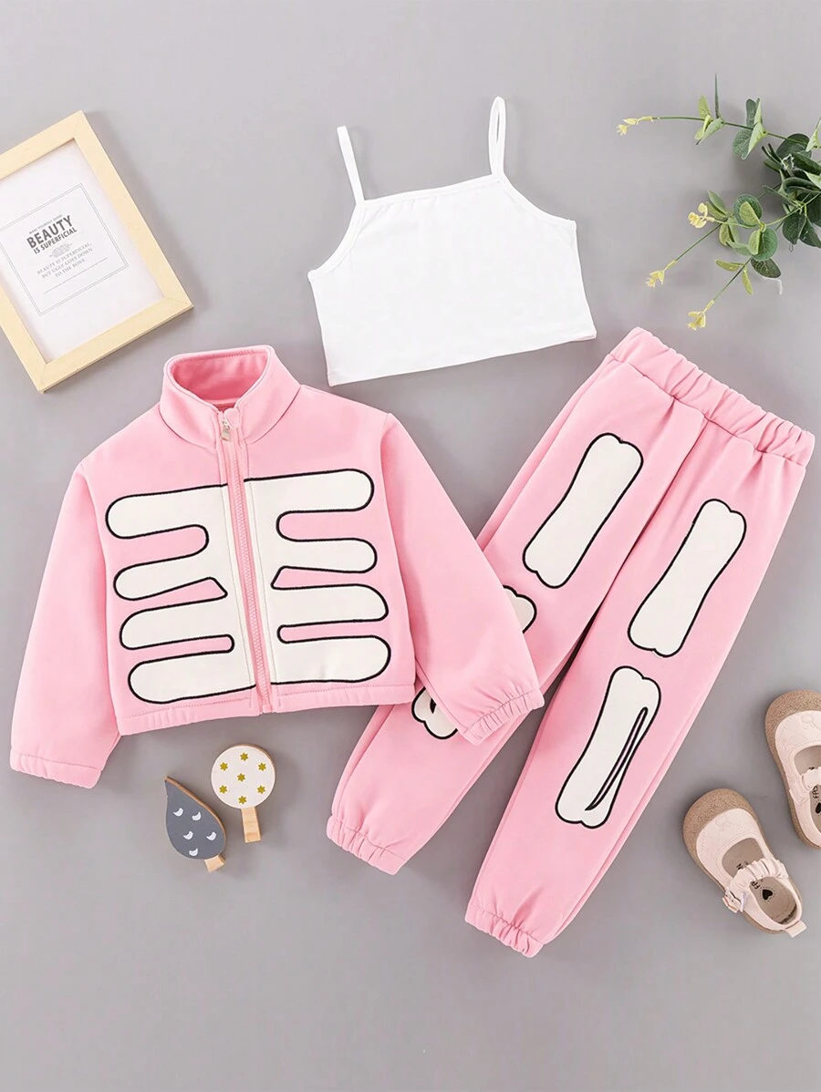 SHEIN 女小童吊帶上衣和運動褲和拉鏈開襟夾克 - 粉色 - 查看 1