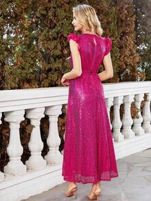 Ruffle Trim Belted Sequin Formal Dress - Hot Pink - View 2