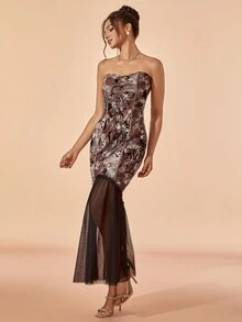 Floral Print Contrast Mesh Mermaid Hem Tube Dress - Coffee Brown - View 3