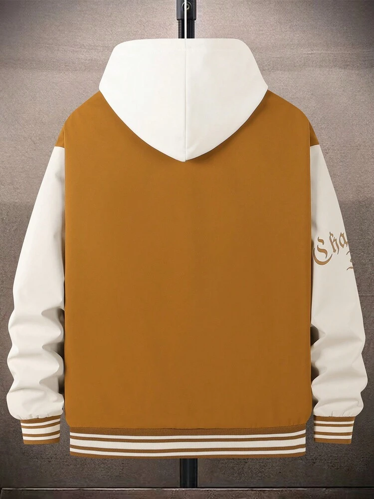 Men Letter Graphic Drop Shoulder Striped Trim Varsity Jacket Without Hoodie