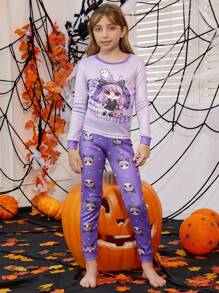 Tween Girl Halloween Slogan & Cartoon Graphic Snug Fit PJ Set - Purple - View 3
