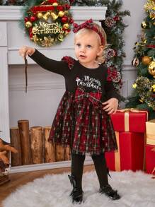 SHEIN Baby Girl Tartan Print Ruffle Trim Mesh Hem Dress 
 Mommy&Me Matching Outfits (2 Pieces Are Sold Separately) - Red - View 8