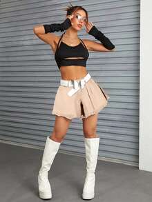 SHEIN ICON 高腰毛邊闊腿牛仔短褲 - 卡其色 - 查看 4