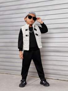 SHEIN Explorewe Young Boy Slant Pockets Sleeveless Buckle Front Padded Coat - Light Grey - View 1