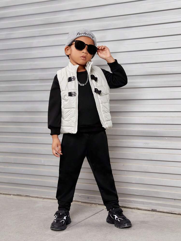 Young Boy Slant Pockets Sleeveless Buckle Front Padded Coat