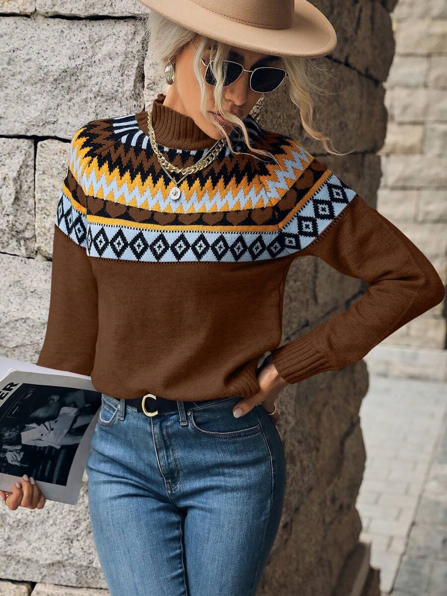 SHEIN LUNE Suéter de manga raglán con estampado geométrico - Multicolor - Ver 1