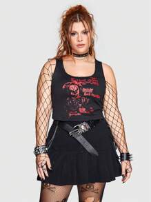 ROMWE Grunge Punk Dark Cool And Street Style Metal Mesh Plus Size Women's Tank Top With Funny Pattern - Black - View 5