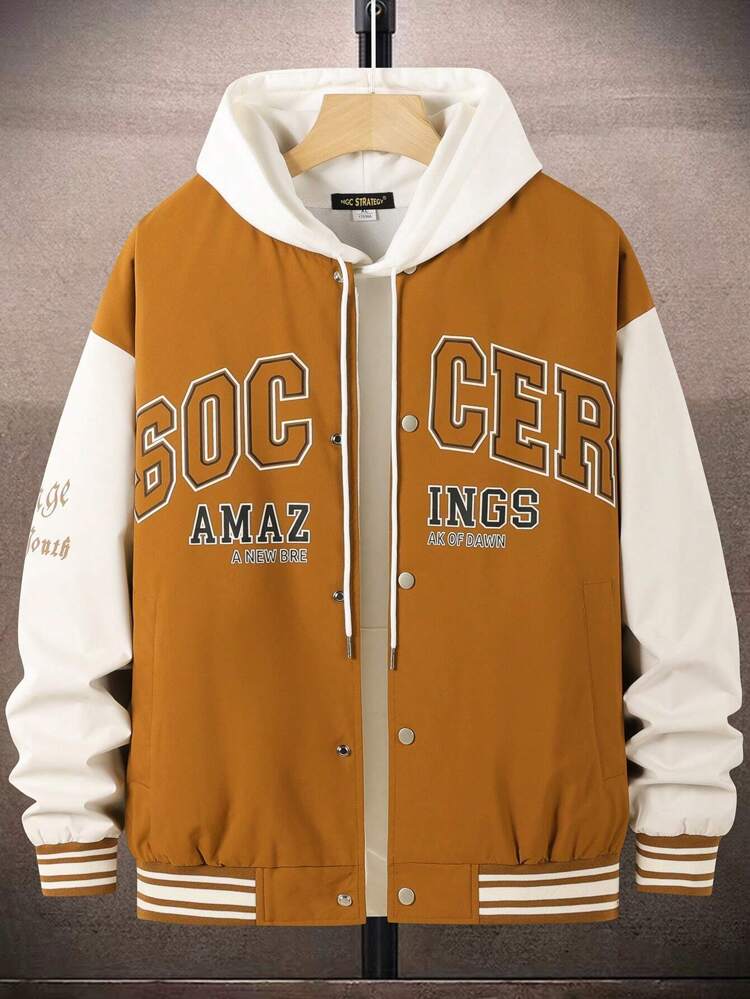 Men Letter Graphic Drop Shoulder Striped Trim Varsity Jacket Without Hoodie