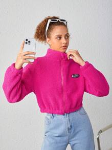 Teen Girl Letter Patched Detail Drop Shoulder Teddy Jacket - Hot Pink - View 5