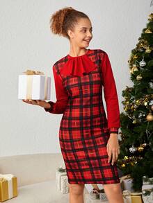 青少年女孩聖誕格子印花 Jabot 前裙 - 彩色 - 查看 4