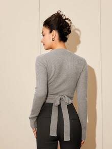 Solid Wrap Cross Crop Sweater - Grey - View 2