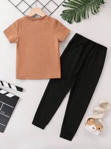 SHEIN Chàng trai trẻ Chi tiết Patched thư Áo thun & quần thể thao - Màu Khaki - Xem 2