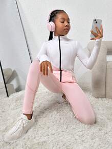 Sparklyn Tween Girl Zip Up Thumbholes Top-stitching Sports Jacket & Leggings - Pink - View 4