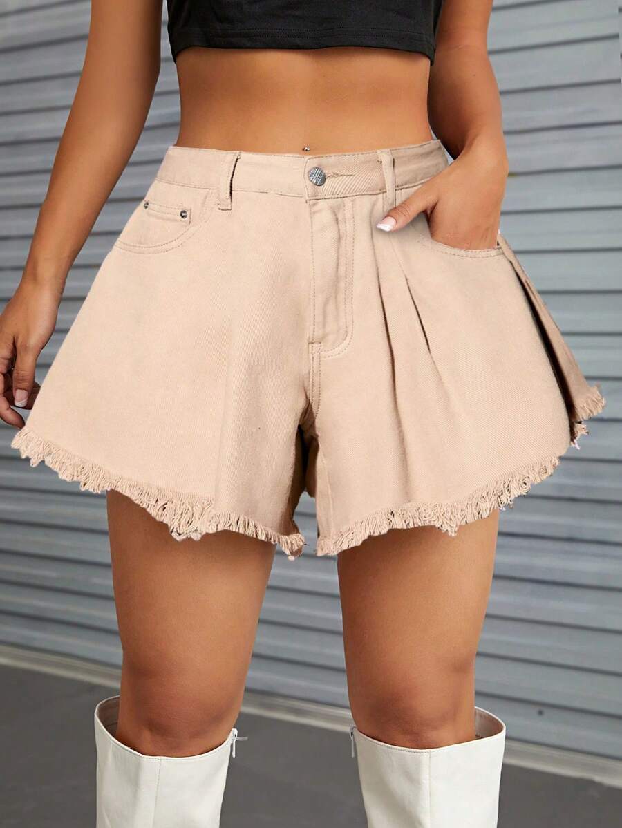 SHEIN ICON 高腰毛邊闊腿牛仔短褲 - 卡其色 - 查看 1