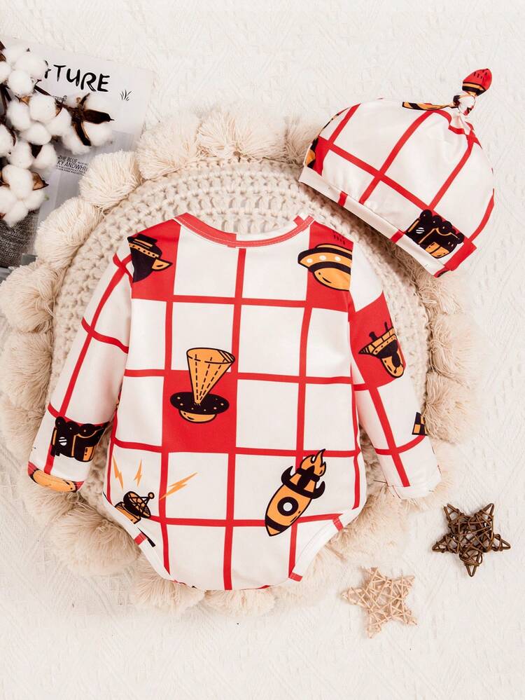 Baby Boy Plaid & Cartoon Graphic Bodysuit & Hat