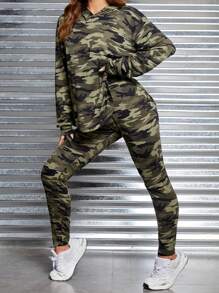 SHEIN EZwear Camo In Thả vai Hoodie & Leggings - Nhiều màu - Xem 4