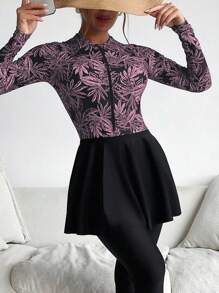 Tropical Print Full Body Burkini With Long Sleeve - Black - View 4