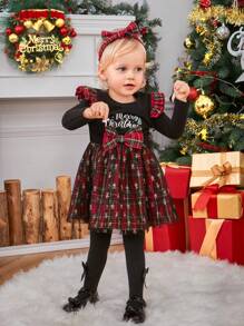 SHEIN Baby Girl Tartan Print Ruffle Trim Mesh Hem Dress 
 Mommy&Me Matching Outfits (2 Pieces Are Sold Separately) - Red - View 4